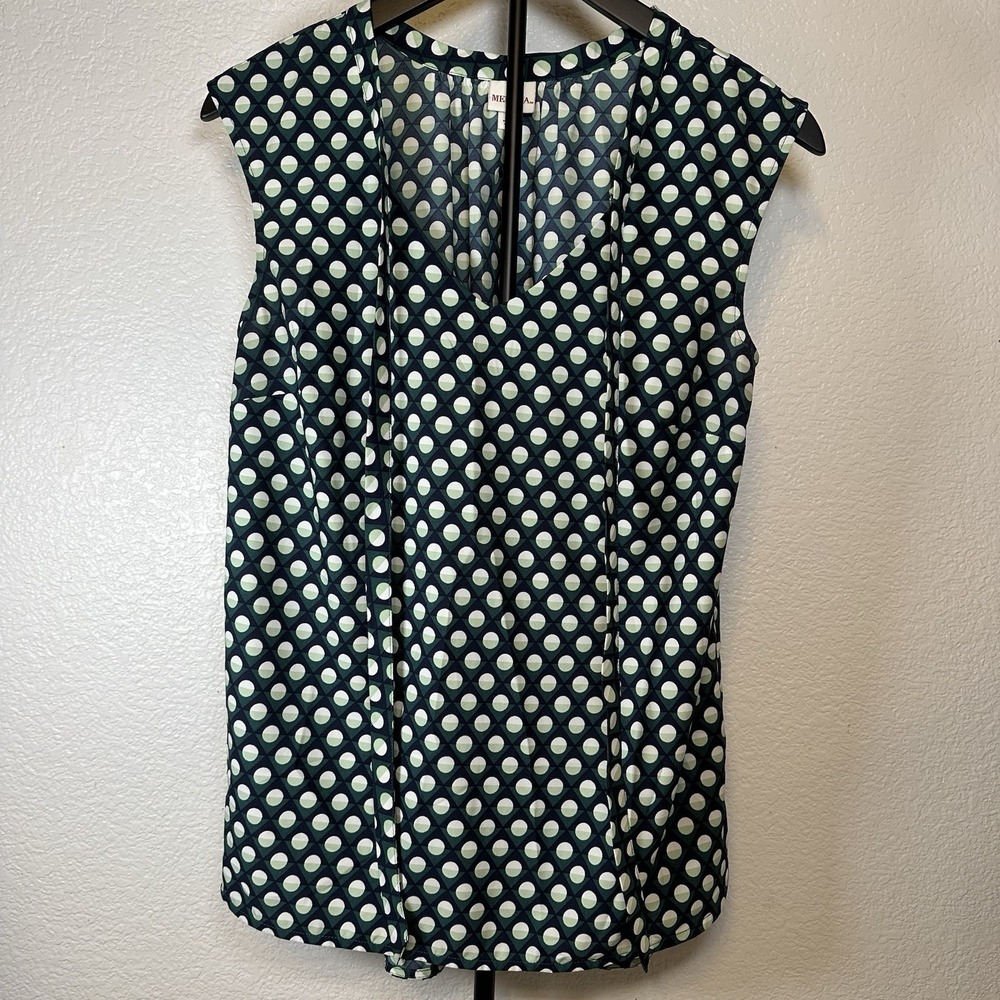 Merona Women's Size Medium Green & White Polka Dot Sleeveless Blouse Necktie